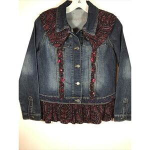 Women's Medium Up‎ cycled braided Jean Jacket ruffled paisley print